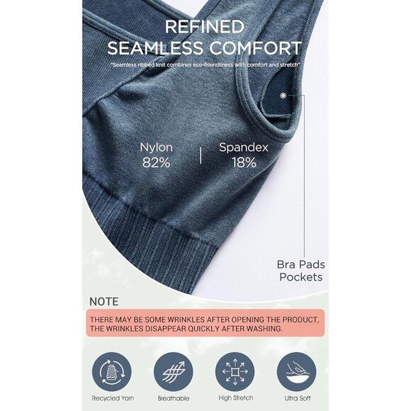 Women's Stone Washing Denim Blue Square Neck Low Back Ribbed Cropped Sports Bra - Picture 5 of 5